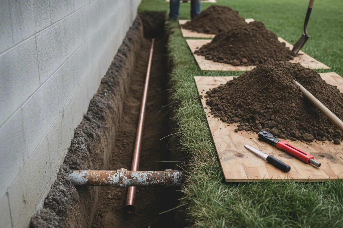 Excavated water line trench during Water Heater Repair in Amelia